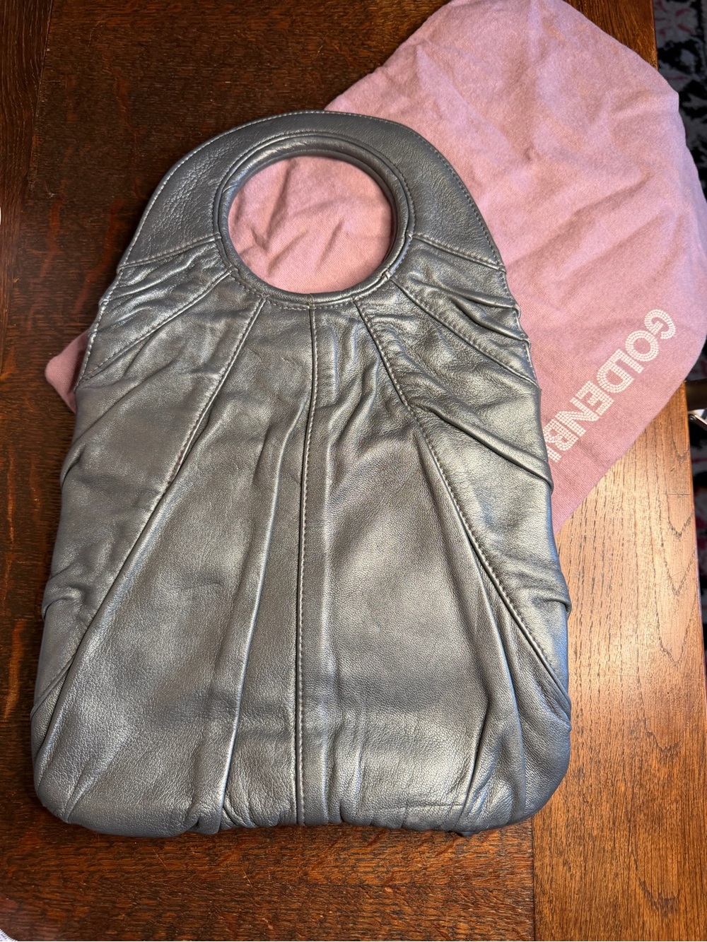 Goldenbleu Metallic Grey Leather Clutch Satchel Bag Suede Lining VGUC - Picture 2 of 7